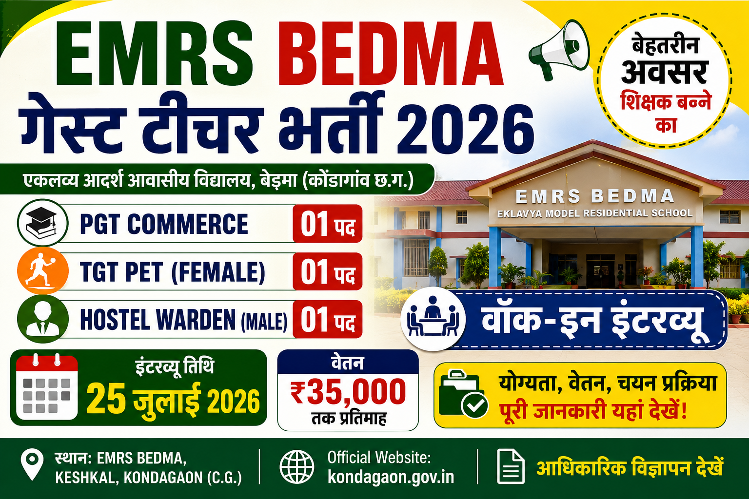 EMRS Bedma Keshkal Recruitment 2026: एकलव्य आदर्श आवासीय विद्यालय में निकली भर्ती, जानें पूरी प्रक्रिया