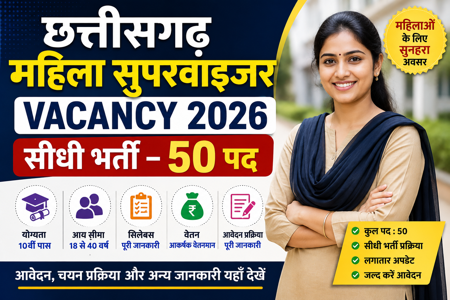 Cg mahila supervisor vacancy 2026: छत्तीसगढ़ में महिला सुपरवाइजर के 50 पदों पर सीधी भर्ती, योग्यता, आयु सीमा, सिलेबस, वेतन और आवेदन की पूरी जानकारी