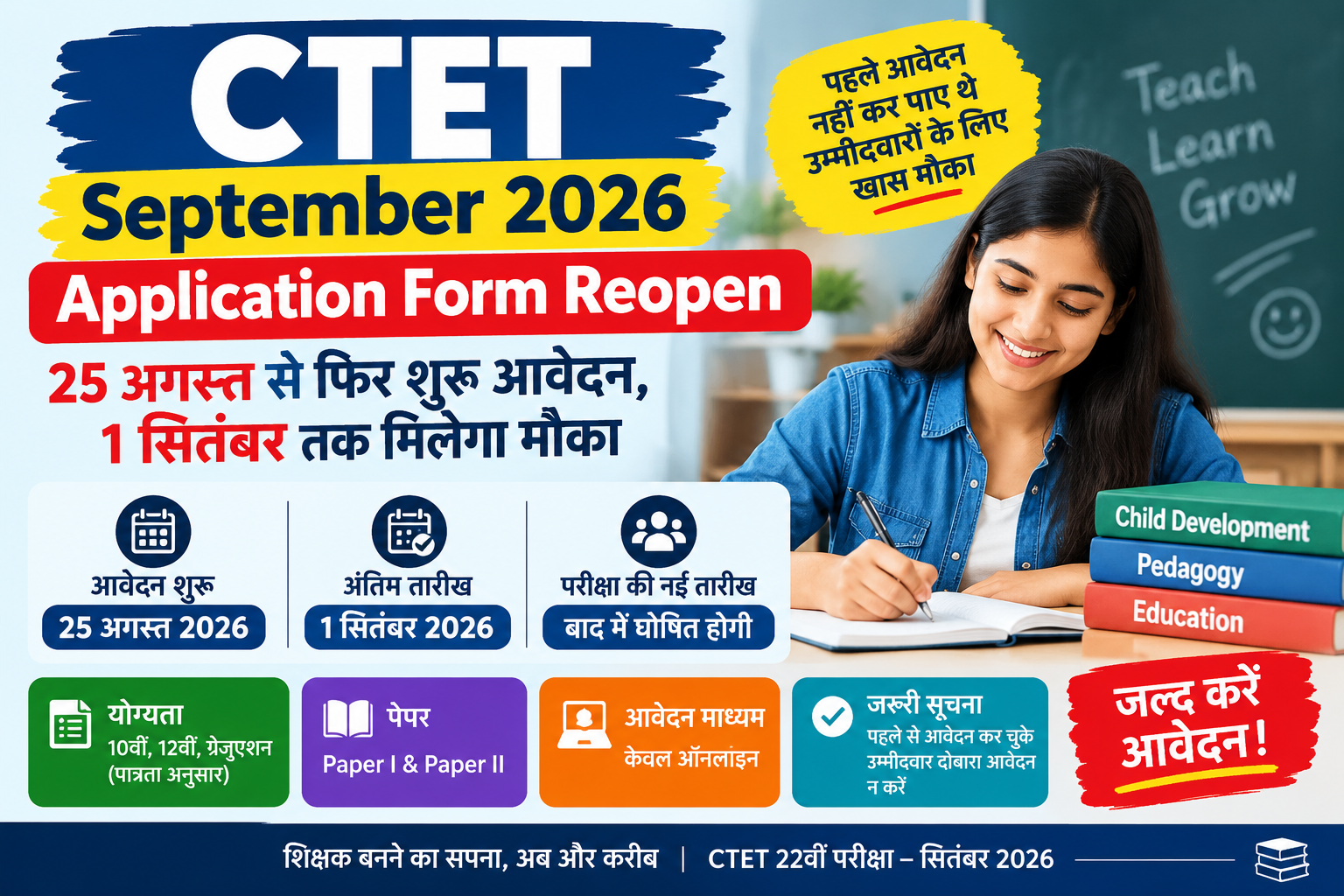 CTET September 2026 Application Form Reopen: 25 अगस्त से फिर शुरू आवेदन, 1 सितंबर तक मिलेगा मौका