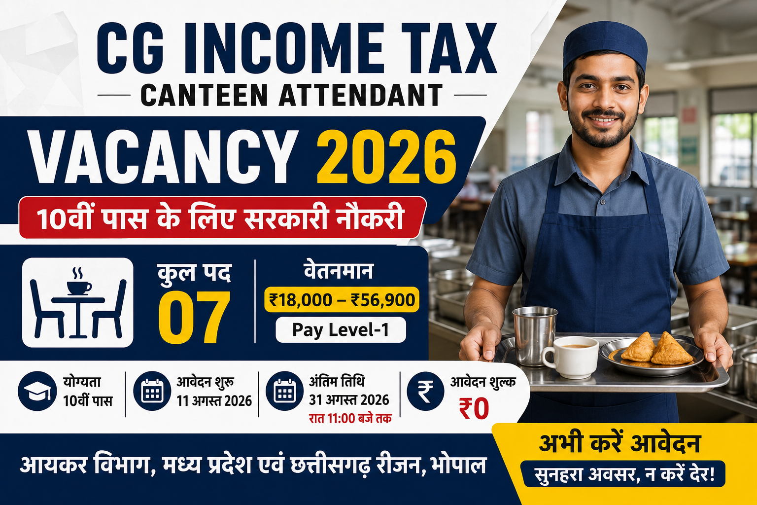 CG Income Tax Canteen Attendant Vacancy 2026: 10वीं पास के लिए 7 पदों पर भर्ती, ₹56,900 तक वेतन, आवेदन की पूरी जानकारी