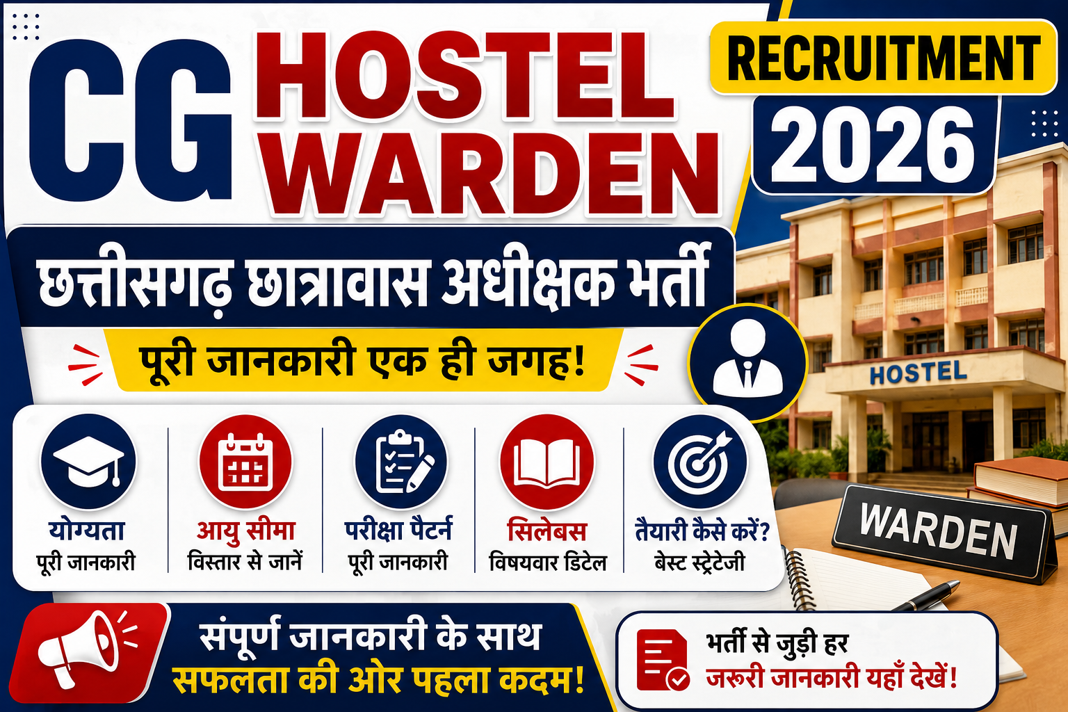 CG Hostel Warden Recruitment 2026: छत्तीसगढ़ छात्रावास अधीक्षक भर्ती, योग्यता, आयु सीमा, परीक्षा पैटर्न, सिलेबस और तैयारी की पूरी जानकारी