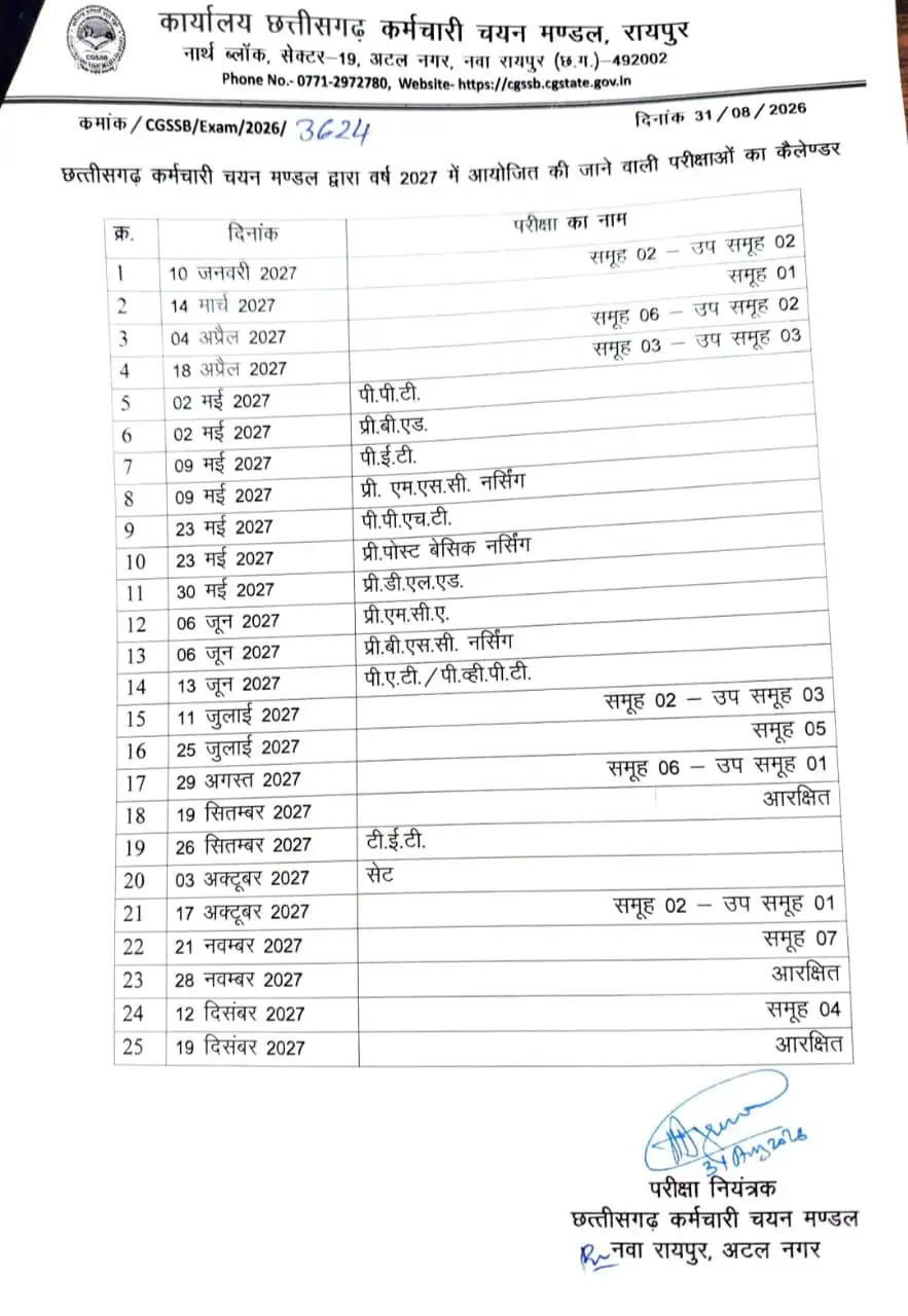 CG Vyapam Exam Calendar 2027