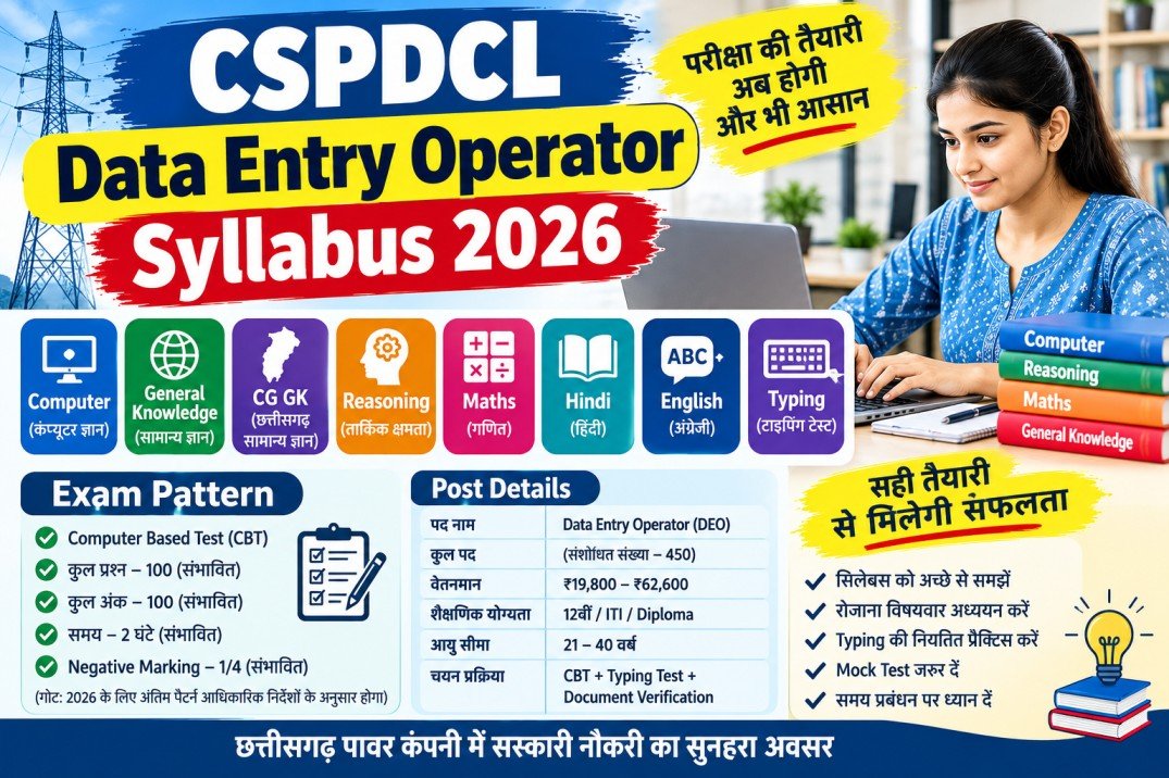 CSPDCL Data Entry Operator Syllabus 2026: डाटा एंट्री ऑपरेटर भर्ती का सिलेबस, Exam Pattern, योग्यता, चयन प्रक्रिया और तैयारी की पूरी जानकारी