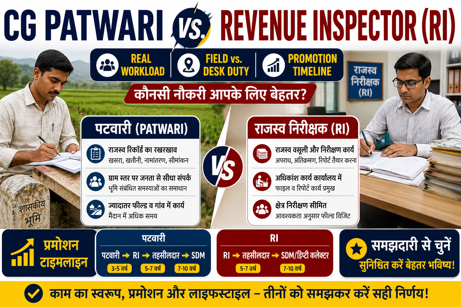 CG Patwari vs Revenue Inspector (RI) 2026: Real Workload, Field vs Desk Duty, Salary, Promotion Timeline और कौन-सी Job बेहतर है?