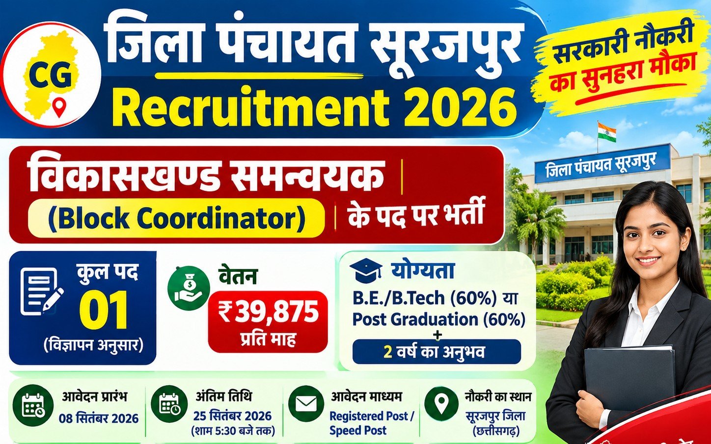 Zila Panchayat Surajpur Recruitment 2026: विकासखण्ड समन्वयक के पद पर भर्ती, ₹39,875 वेतन, 25 सितंबर तक करें आवेदन