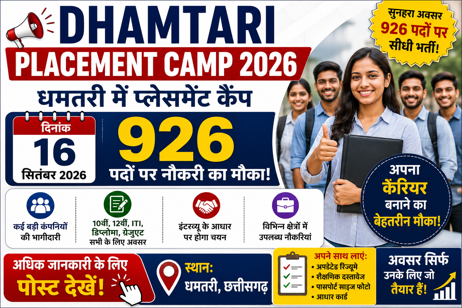 Dhamtari Placement Camp 2026: धमतरी में 16 सितंबर को प्लेसमेंट कैंप, 926 पदों पर नौकरी का मौका